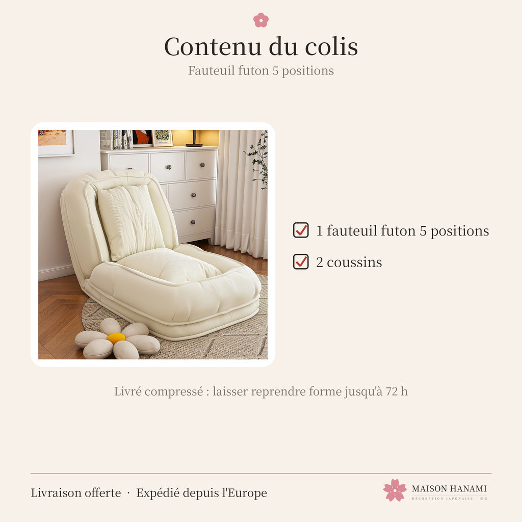 Fauteuil futon 5 positions en velours côtelé – blanc cassé