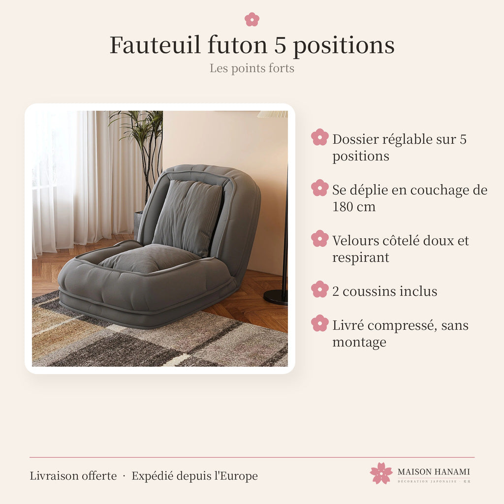 Fauteuil futon 5 positions en velours côtelé – gris
