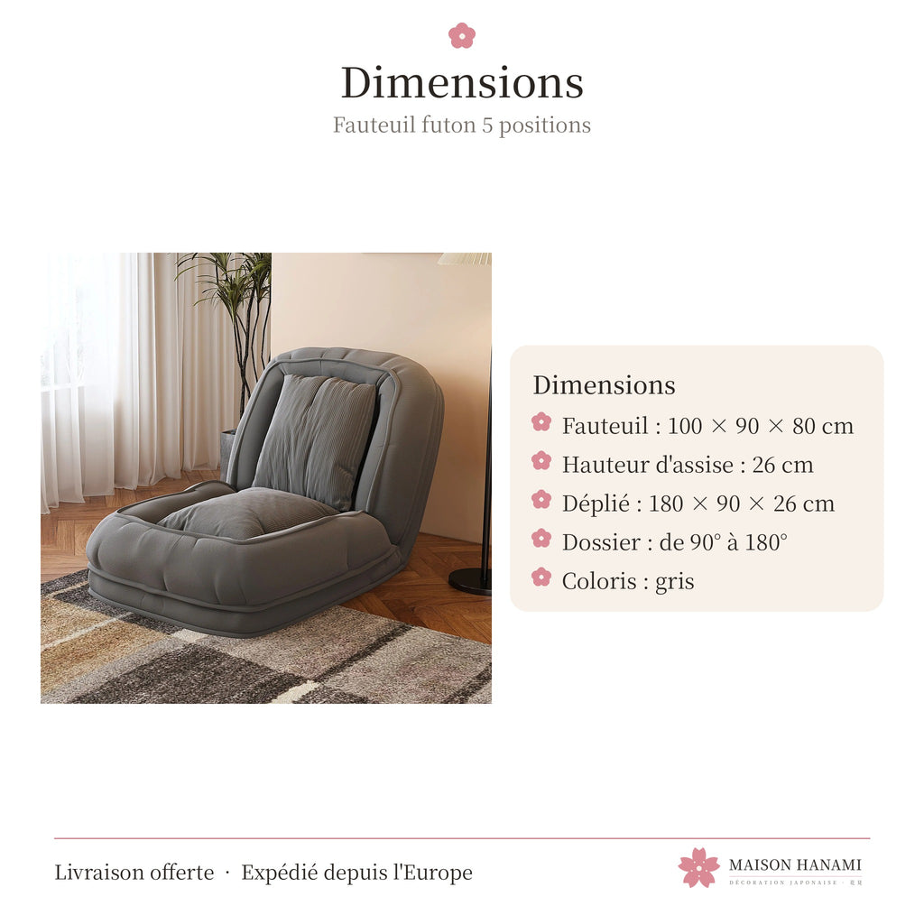 Fauteuil futon 5 positions en velours côtelé – gris