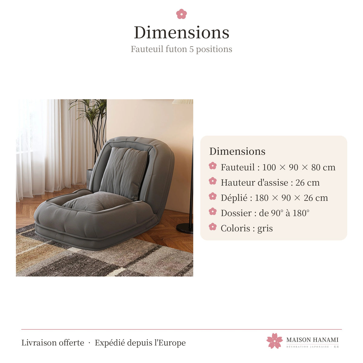 Fauteuil futon 5 positions en velours côtelé – gris