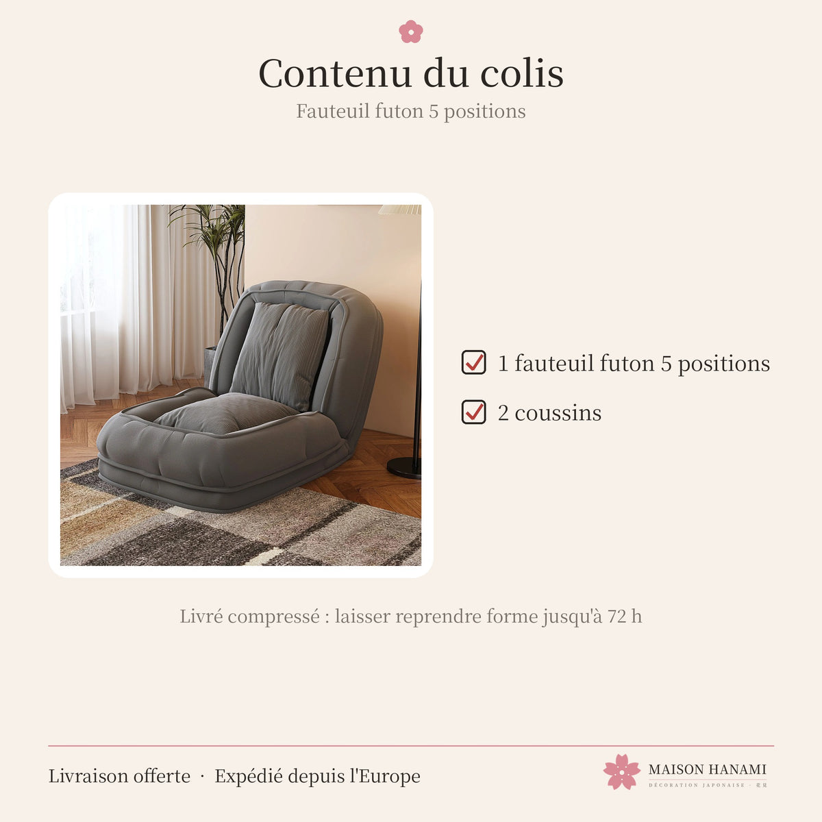 Fauteuil futon 5 positions en velours côtelé – gris