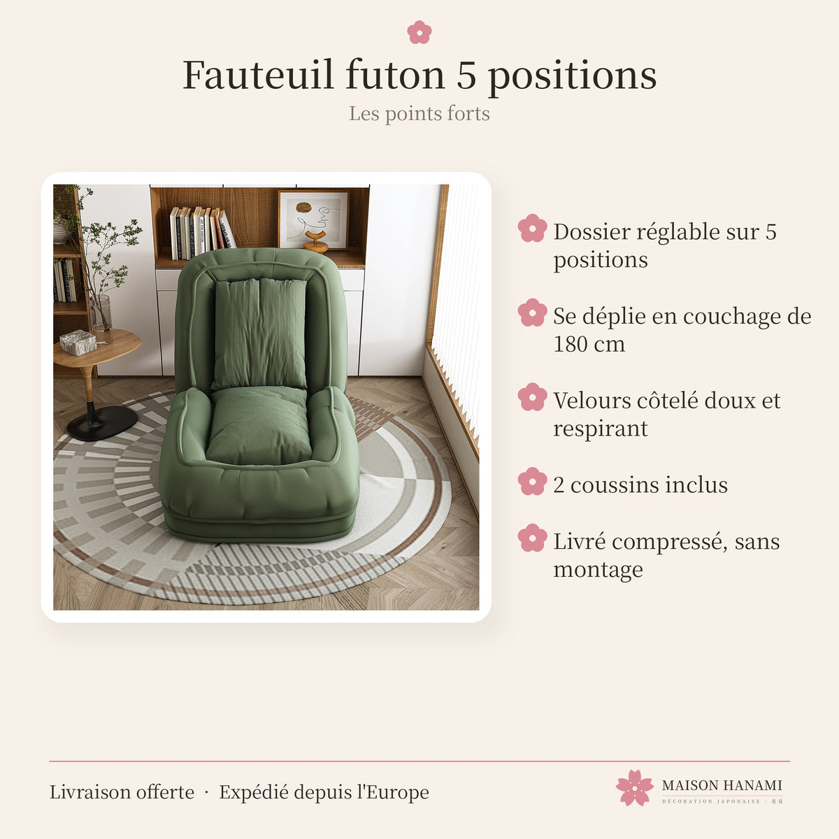 Fauteuil futon 5 positions en velours côtelé – vert