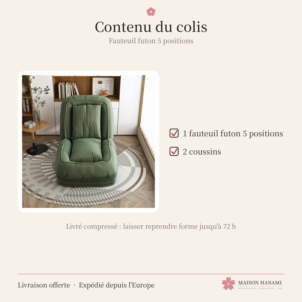 Fauteuil futon 5 positions en velours côtelé – vert