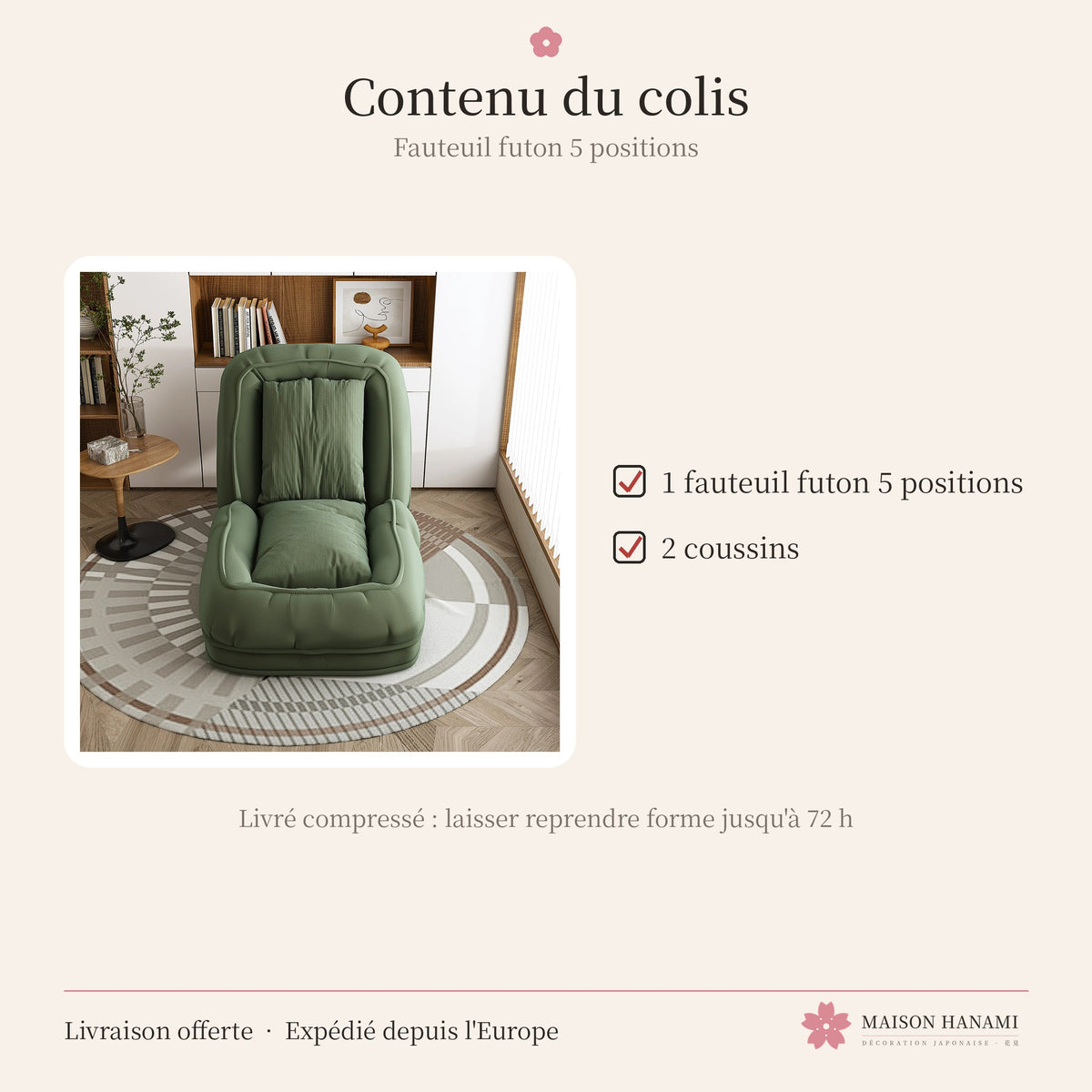 Fauteuil futon 5 positions en velours côtelé – vert
