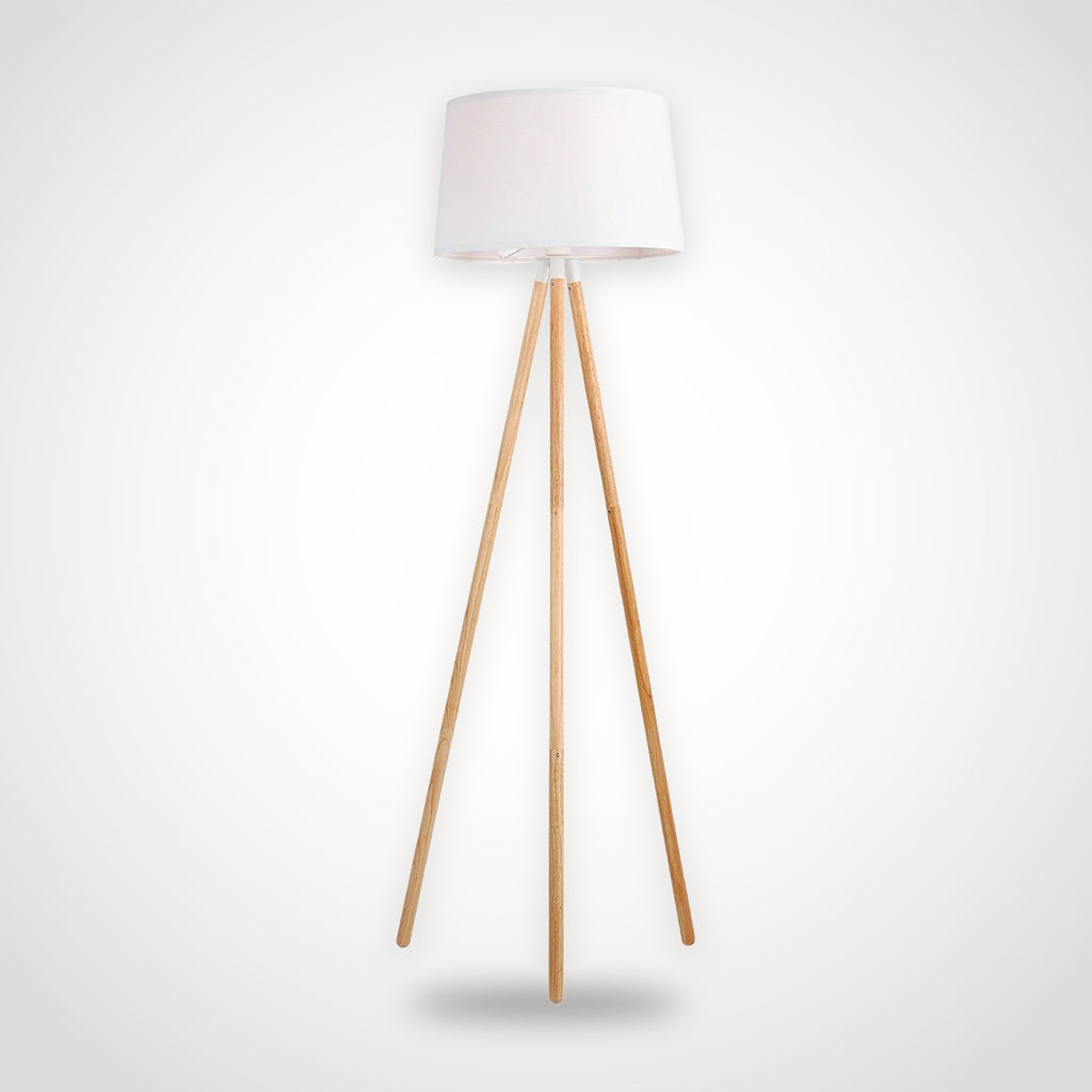 Lampadaire trépied en bois et tissu blanc
