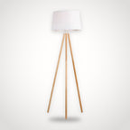 Lampadaire trépied en bois et tissu blanc