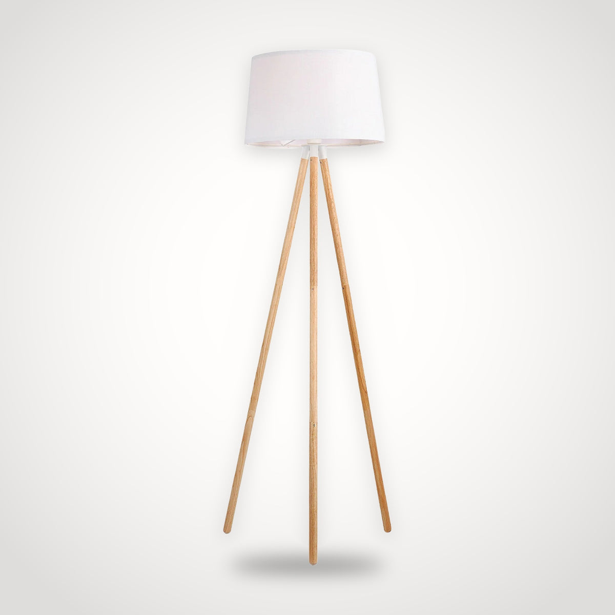 Lampadaire trépied en bois et tissu blanc