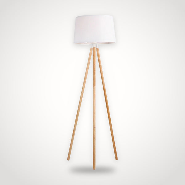 Lampadaire trépied en bois massif – abat-jour en tissu blanc