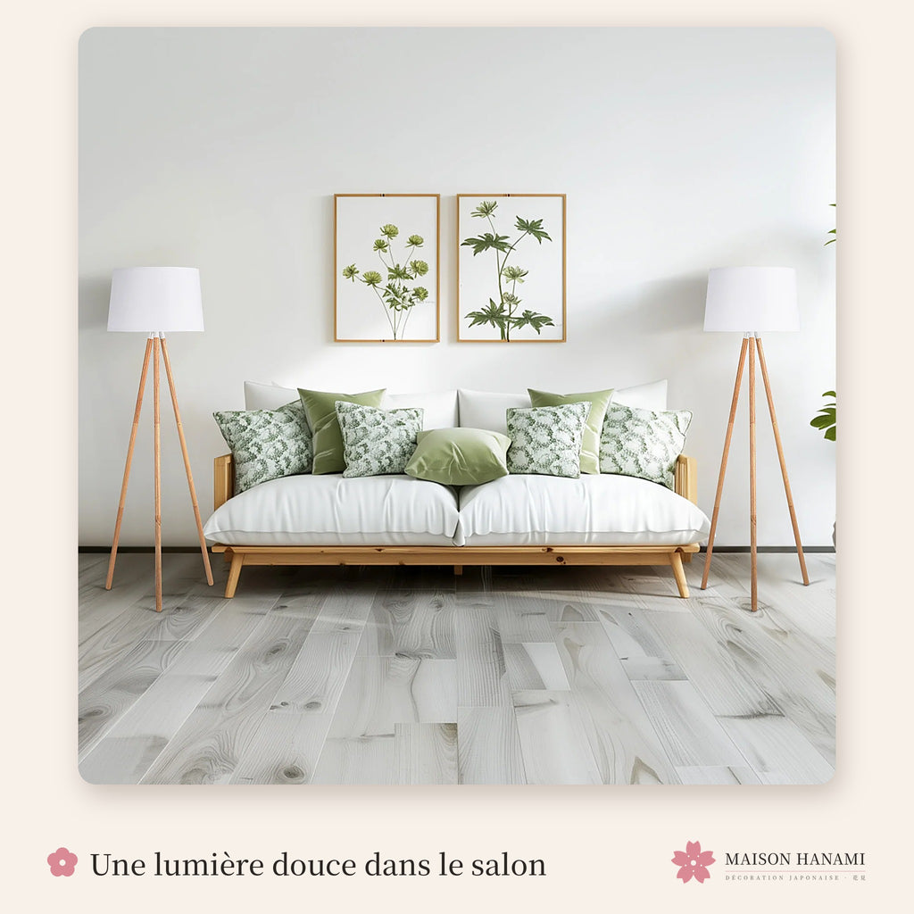 Lampadaire trépied en bois et tissu blanc – photo 2
