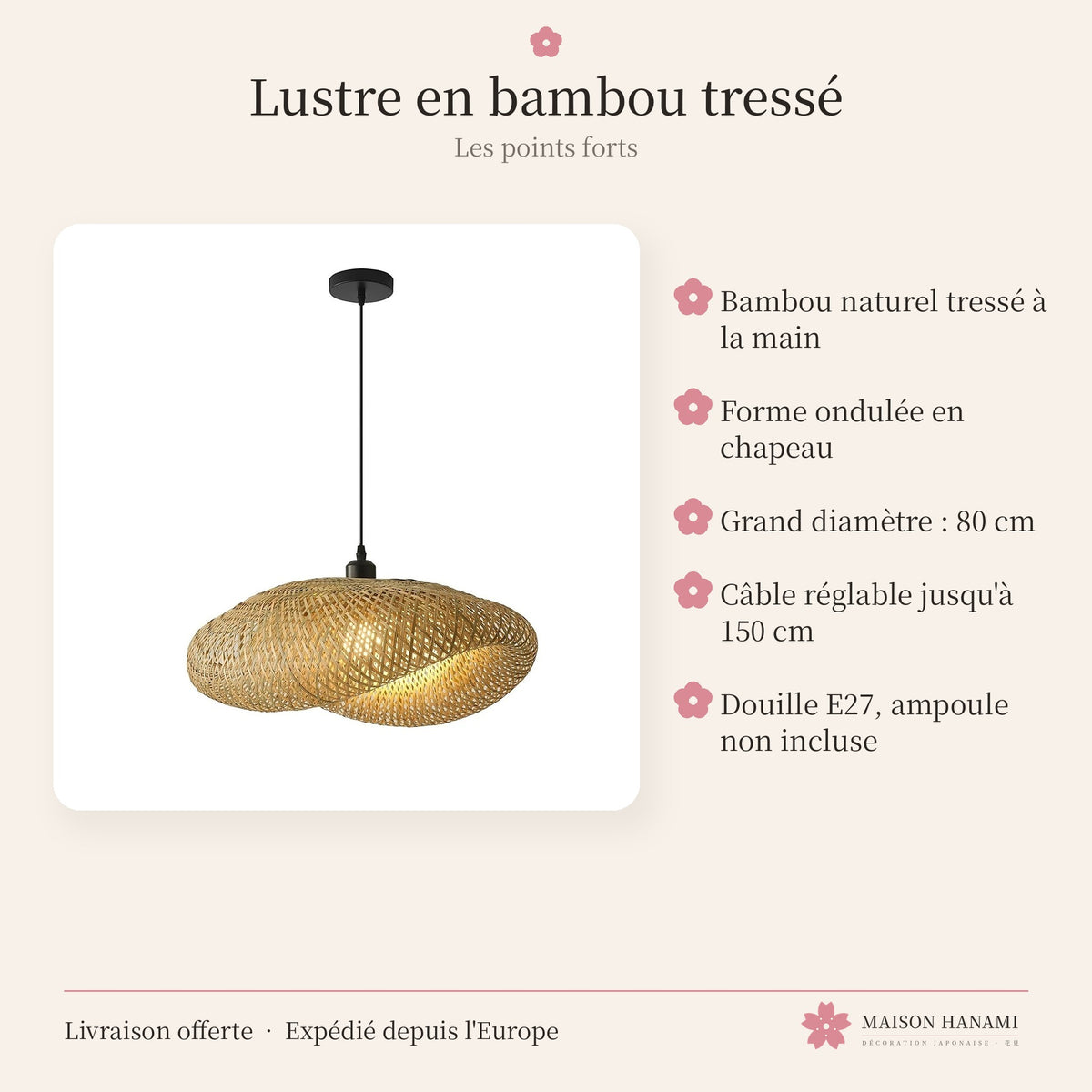Lustre en bambou tressé japonais Ø 80 cm