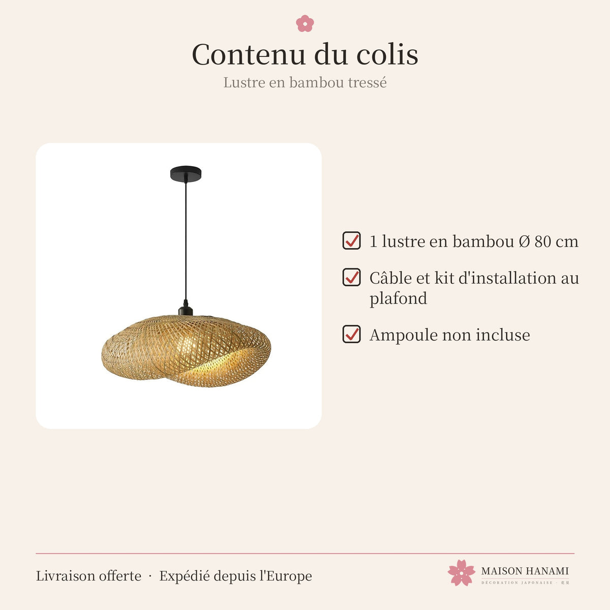 Lustre en bambou tressé japonais Ø 80 cm