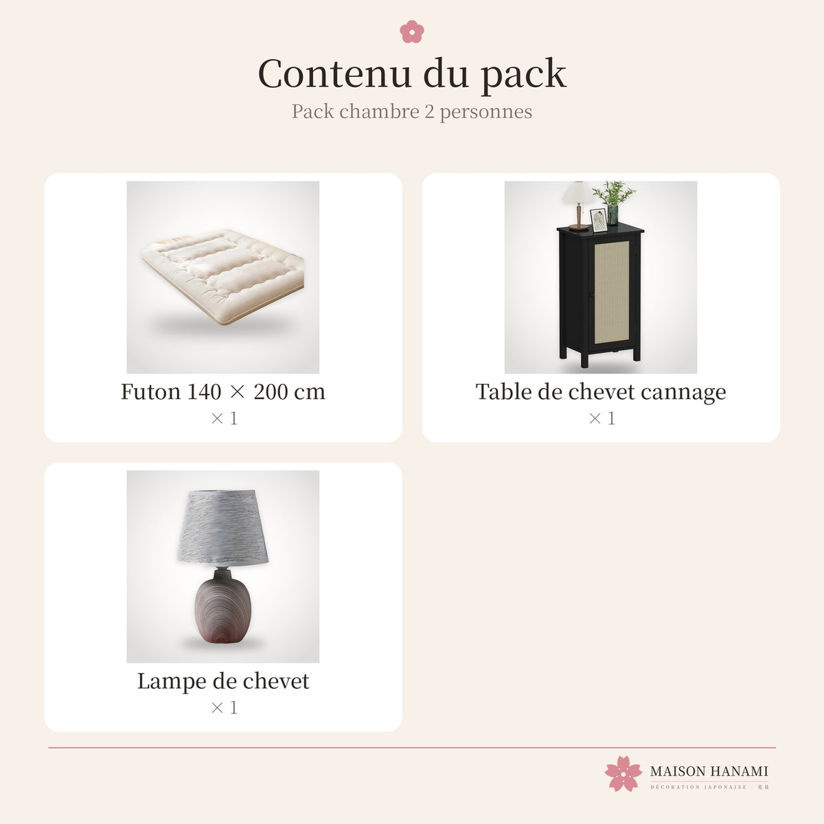 Pack chambre japonaise 2 personnes : contenu du pack